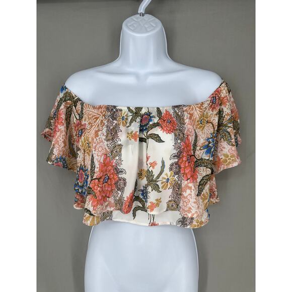 Show Me Your MuMu Tops - Show Me Your Mumu Top Womens XS White Floral Off Shoulder Crop Ruffle Nica Boho